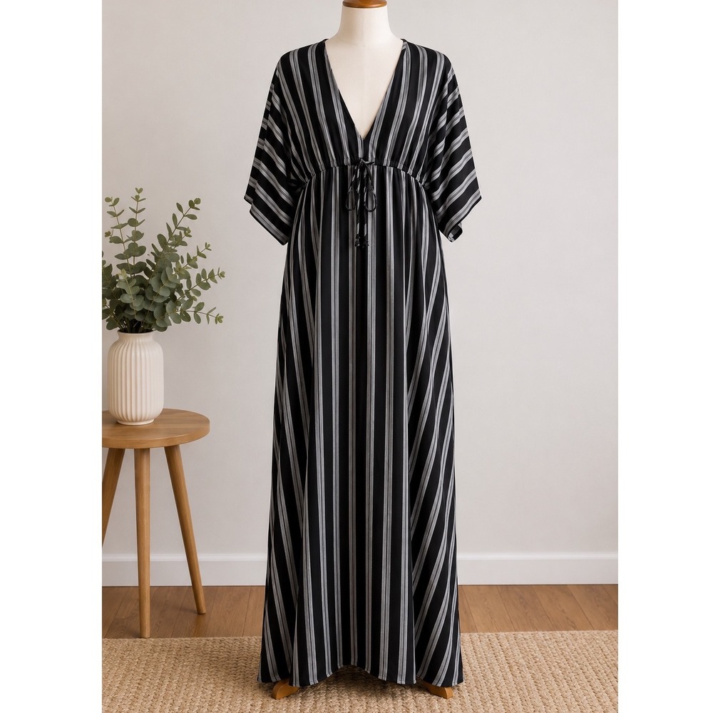 Rokoko Striped V-Neck Maxi Dress Empire‎ Waist Boho Rayon Size Small Beach Chic